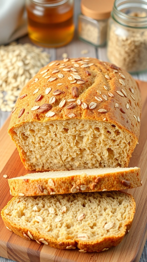 Freshly baked oat bread loaf sliced on a wooden board with oats and honey in the background.